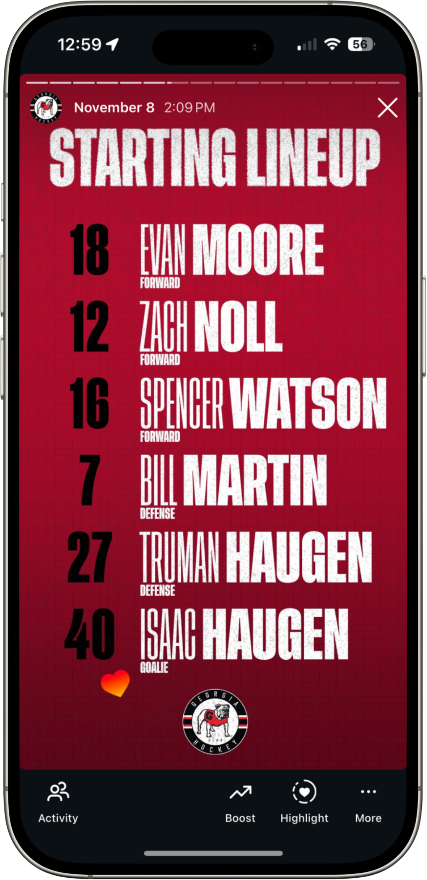 Starting lineup Instagram story