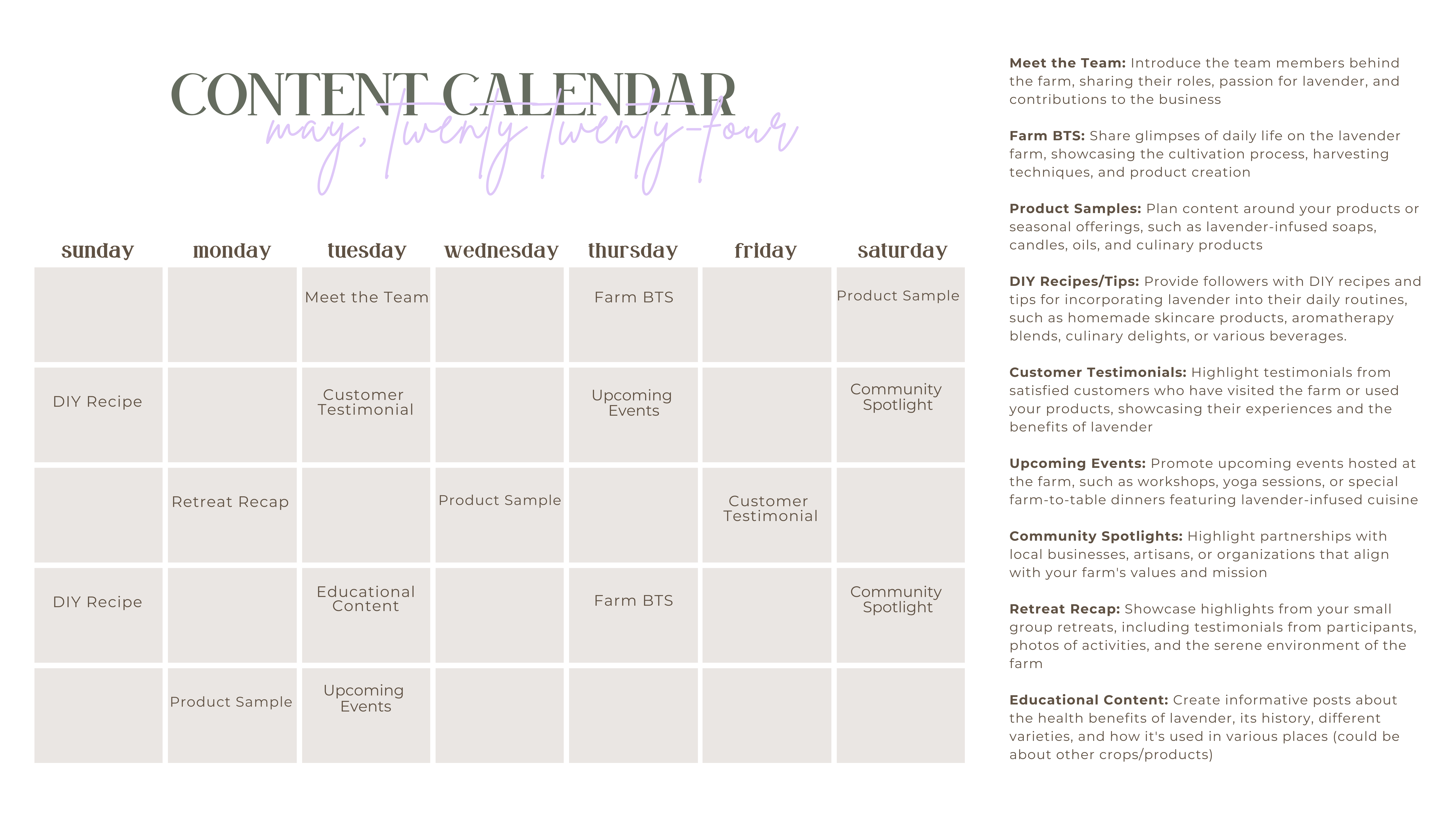 White Hills Farm content calendar